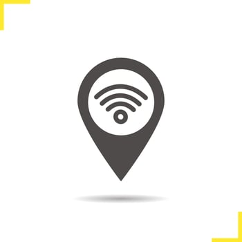 Wifi hotspot icon. Drop shadow silhouette symbol. Pinpoint with wi fi signal inside. Internet geolocation mark. Negative space. Vector isolated illustration