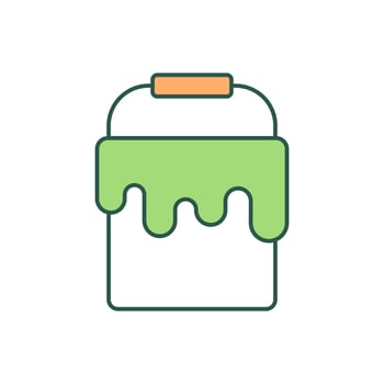Paint can RGB color icon. Liquid and latex paint in bucket. Dye in container. Green colour for home renovation. Interior renovation. Isolated vector illustration. Simple filled line drawing
