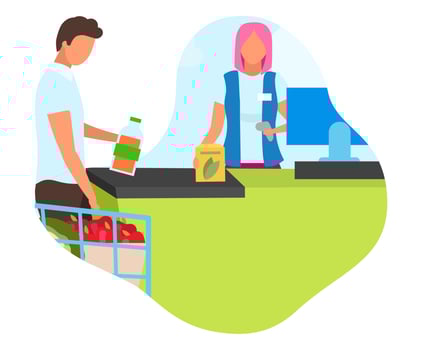 Shopping at grocery store flat concept icon. Buying products at supermarket. Hypermarket purchases. Cashier servicing customer sticker, clipart. Isolated cartoon illustration on white background vector