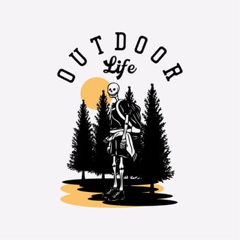 t shirt design outdoor life with hiking skeleton vintage illustration vector