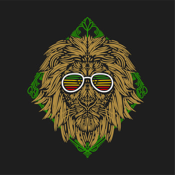 vector illustration the lion's head wears glasses against a background of green rectangular ornaments vintage engraving