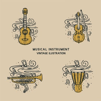 Classic musical instrument Guitar, drum, trumpet and violin vintage illustration vector