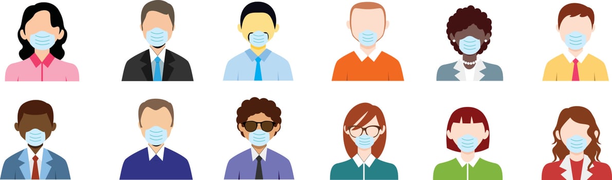 Avatar people in medical masks. Business person icon. Vector. Set office men, women. Faces corporate characters in flat design. Cartoon illustration. Team male, female workers isolated. vector