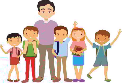 Back to School Concept with Young Smiling man Teacher and Group of Kids Stand in Row in Classroom. Elementary School Class, Preschool Studying. Happy Smiley Children Cartoon Flat Vector Illustration
