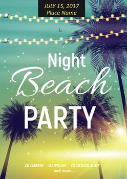 Summer Night Beach Party Poster. Tropical Natural Background  with Palm. Vector Illustration