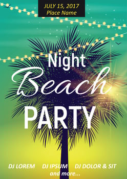 Summer Night Beach Party Poster. Tropical Natural Background  with Palm. Vector Illustration