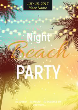 Summer Night Beach Party Poster. Tropical Natural Background  with Palm. Vector Illustration