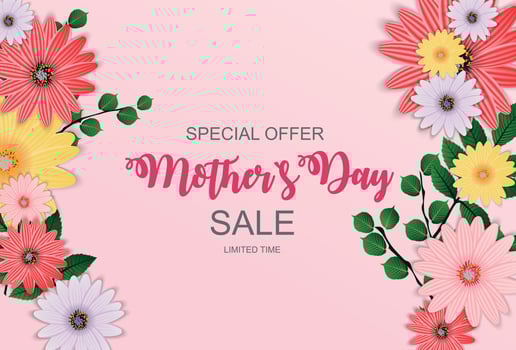 Happy Mother Day Cute Sale Background with Flowers. Vector Illustration