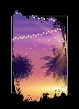 Summer Night Beach Poster. Tropical Natural Background with Palm.  Decor for fabric, textile, clothes Vector Illustration