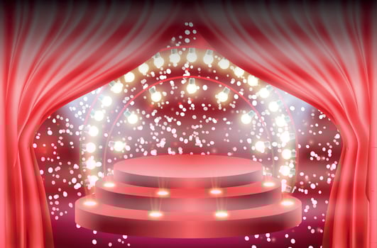 Colorful illuminated podium for awards and performances illuminated by bright spotlights. Vector illustration