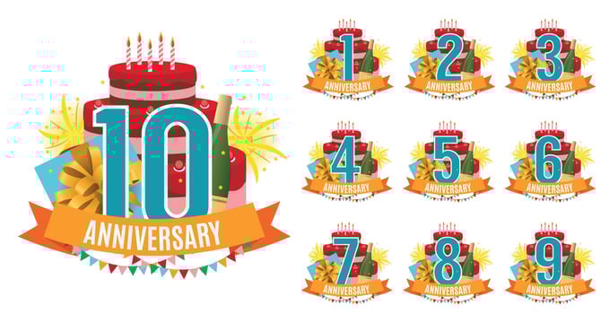 Template from 1 to 10 Years Anniversary Congratulations, Greeting Card with Cake, Gift Box, Fireworks and Ribbon Invitation Vector Illustration
