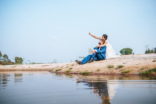 Asian bride and Caucasian groom have romance time and happy together photo