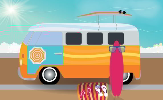 Cartoon van with surfboards standing in the road by the sea. Vector Illustration.
