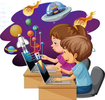 Kids using laptops with space icons vector