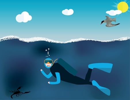 Underwater People, Cartoon  Scuba Diver. Concept of Extreme Diving Sport and Water Activity Vacation with Special Equipment. Vector Illustration