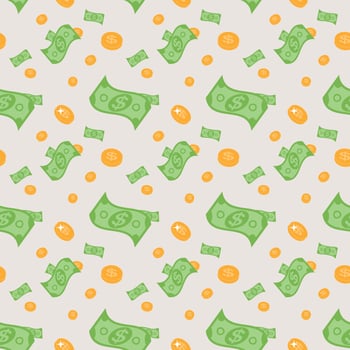 Seamless pattern of money bills and coins. Vector Illustration.