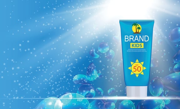 Sun Care Cream Bottle, Tube Template for Ads or Magazine Background. 3D Realistic Vector Iillustration
