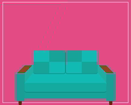 Blue Sofa Icon on Pink Background. Vector Illustration.