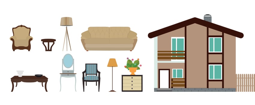 The house is furnished with furniture. Modern Flat style Vector Illustration.
