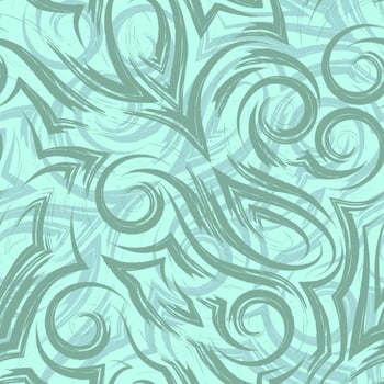 Vector green seamless pattern of waves or swirl drawn with a brush for decor on a turquoise background.Smooth uneven lines in the form of spirals of corners and loops