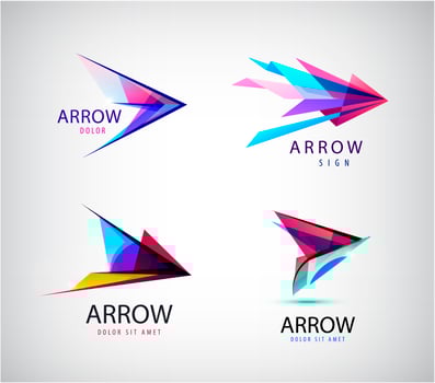 Vector set of abstract arrows, play logos. multicolor crystal pointer icons.