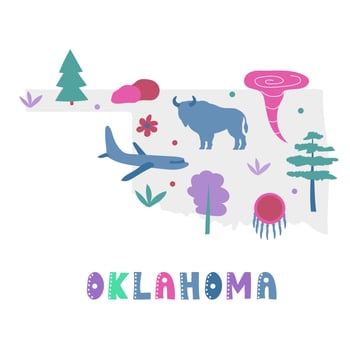 USA map collection. State symbols on gray state silhouette - Oklahoma vector