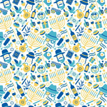 Jewish holiday Hanukkah seamless pattern with Chanukah symbols -dreidels spinning top, donuts, menorah candles, oil jar, star David illustration. vector