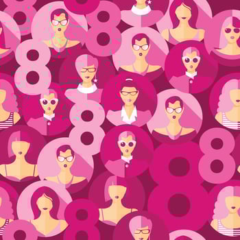 International Women s Day. Vector seamless pattern with women faces and 8.