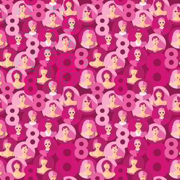 International Women s Day. Vector seamless pattern with women faces and 8.