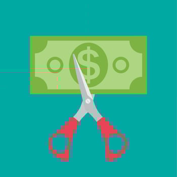 Hand scissors cutting money. Sale concept. Vector Illustration