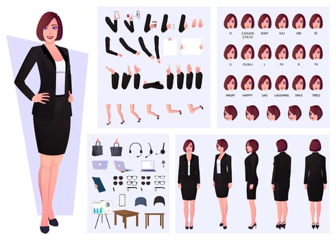 Business Woman Wearing Suit Character Constructor with Lip Sync, Emotions, and Hand Gestures design vector
