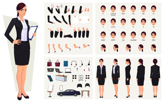 Business Woman Wearing Suit Character Constructor with Lip Sync, Emotions, and Hand Gestures design vector