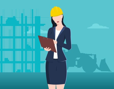 Engineer female architect wearing a safety helmet on a construction site with Folder vector