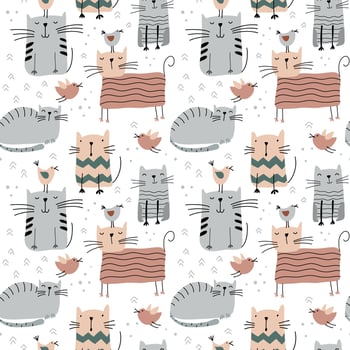 Cute vector cats and birds seamless baby pattern isolated on white scandinavian background. For children fabric, cloth, backdrop, wallpaper