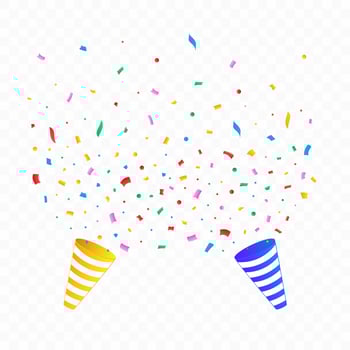 Confetti vector with party cap for festival background. Confetti and ribbon explosion background. Red, green, golden, blue confetti on transparent background. Event and party Celebration.