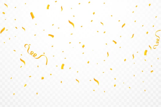 Realistic confetti background vector. Golden celebration confetti ribbon falling illustration. Golden bright confetti isolated on transparent background. Festival elements. Birthday celebration. vector