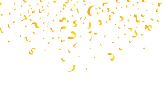 Golden confetti and tinsel falling background. Golden ribbon and confetti vector illustration. Golden confetti isolated on white background. Carnival elements. Birthday party celebration.