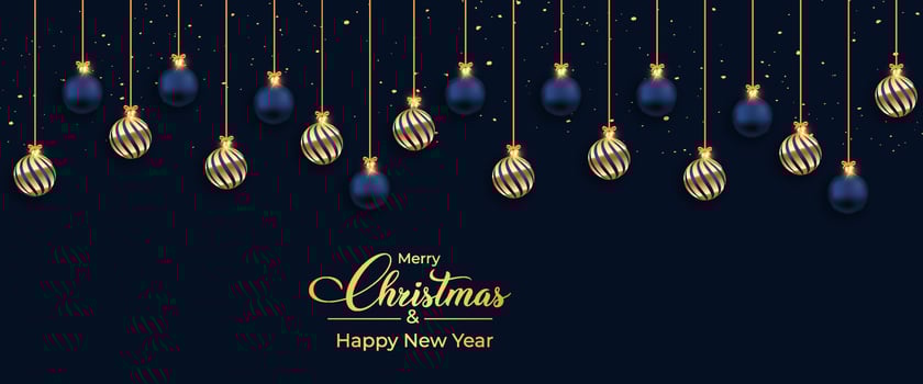 Christmas banner with blue and golden decoration ball. Shiny dark background Christmas banner with confetti. Xmas social media banner on dark background. Xmas Social media post design. vector