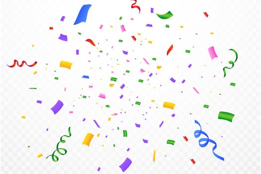 Festival confetti background vector. Realistic celebration confetti ribbon explosion illustration. Colorful bright confetti isolated on transparent background. Festival elements. Birthday celebration. vector