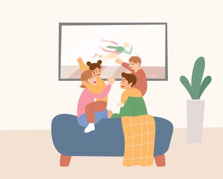 The family is sitting on the sofa together and watching TV, having fun. vector
