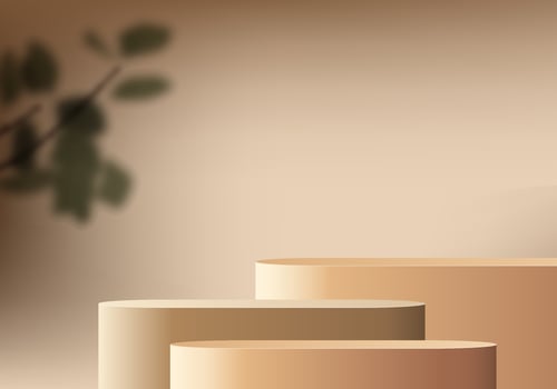 3d background products display podium scene with palm leaf geometric platform. background vector 3d render with podium. stand to show cosmetic products. Stage showcase on pedestal display biege studio