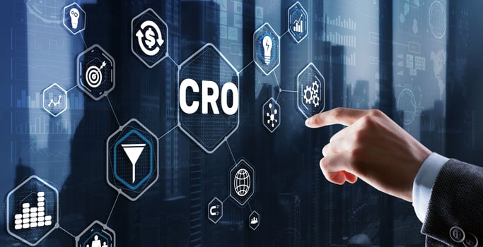 Conversion Rate Optimization. CRO Technology Finance concept Businessman pressing on a virtual screen photo