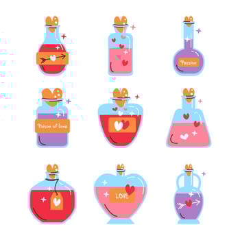 Vector illustration of magic love jars collection isolated. Set of bottles with potions in flat linear style. Alchemy beverage, elixir with variety tinctures. Design elements for Saint Valentine's day