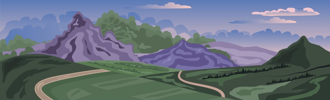 Panoramic realistic bright mountain forest landscape - Vector