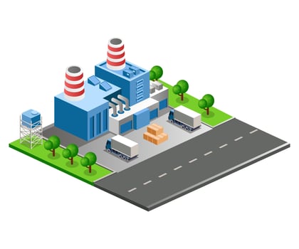 Flat isometric vector illustration, Factory building on city street