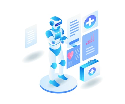 Robots help doctors analyze patient data in isometric design vector