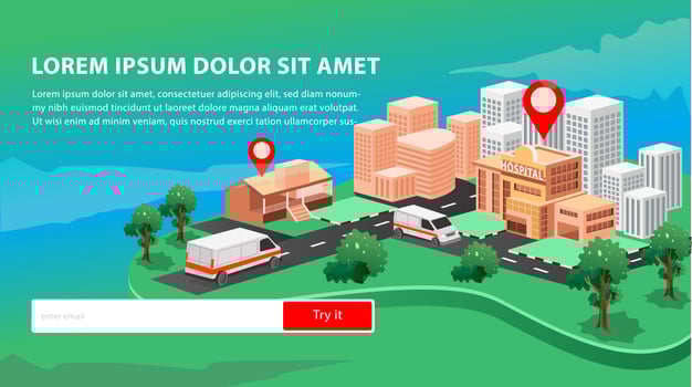 hospital location and 2 ambulance cars isometric illustration vector