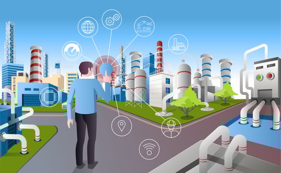 Flat isometric vector illustration, Man controlling factory with iot
