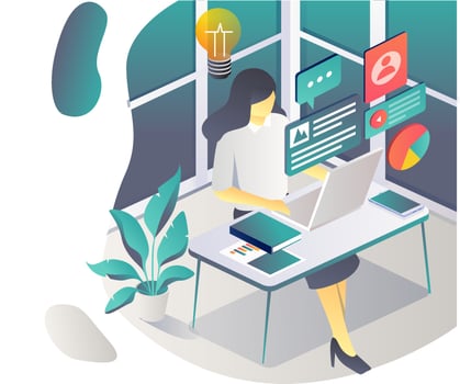 Woman working with laptop and social media vector