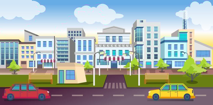 View of buildings and city street vector